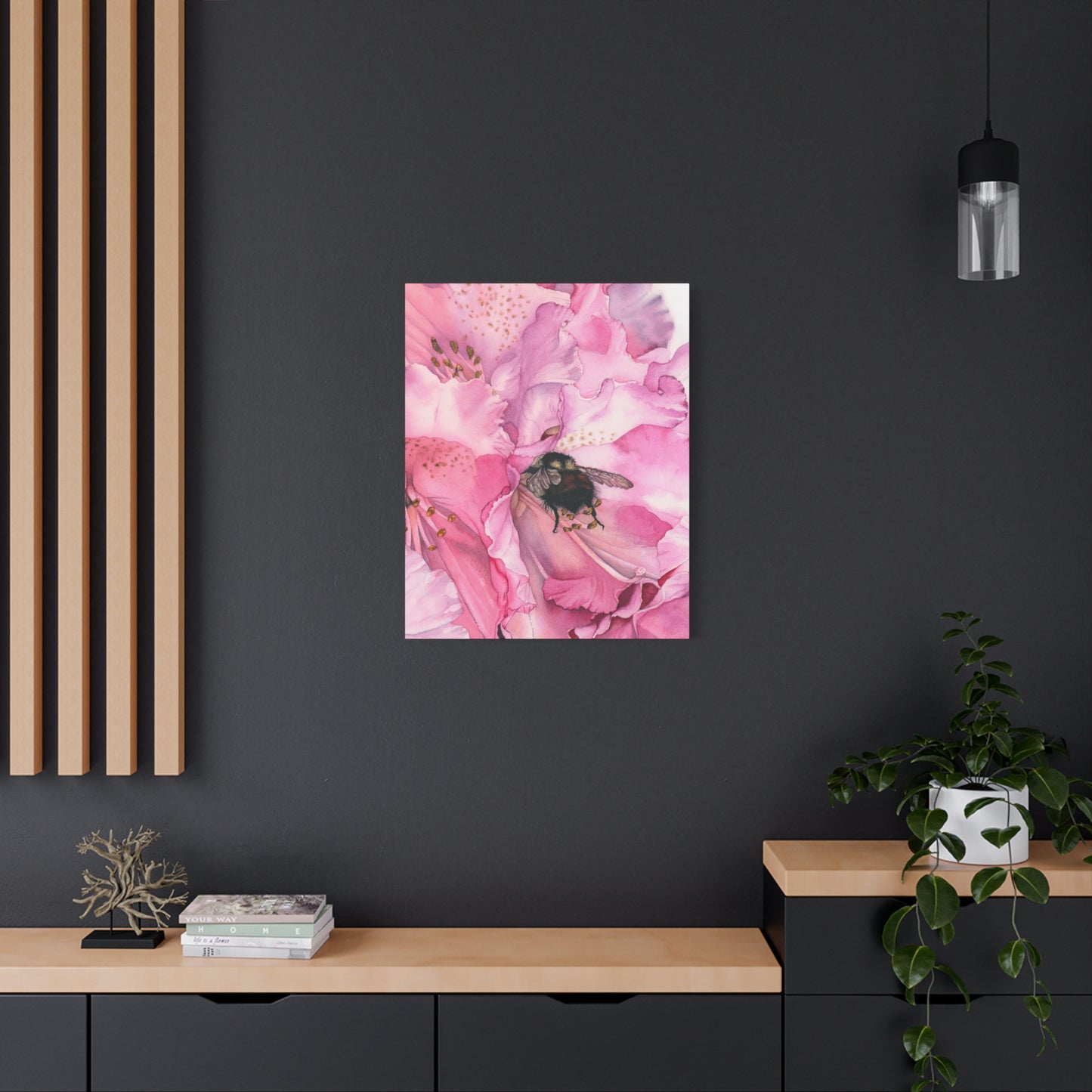 Floral Bee Canvas Wall Art - Pink Flower & Bumblebee Decor - Floral Watercolor Print