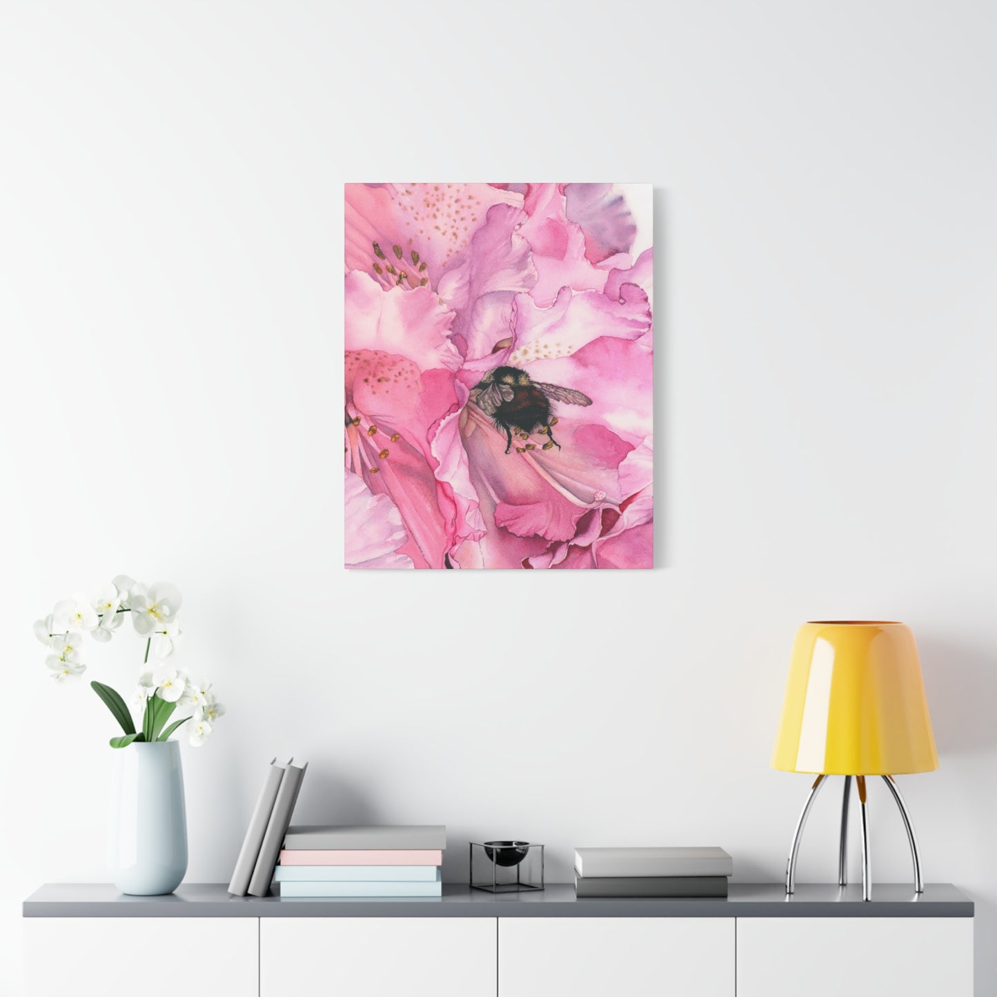 Floral Bee Canvas Wall Art - Pink Flower & Bumblebee Decor - Floral Watercolor Print