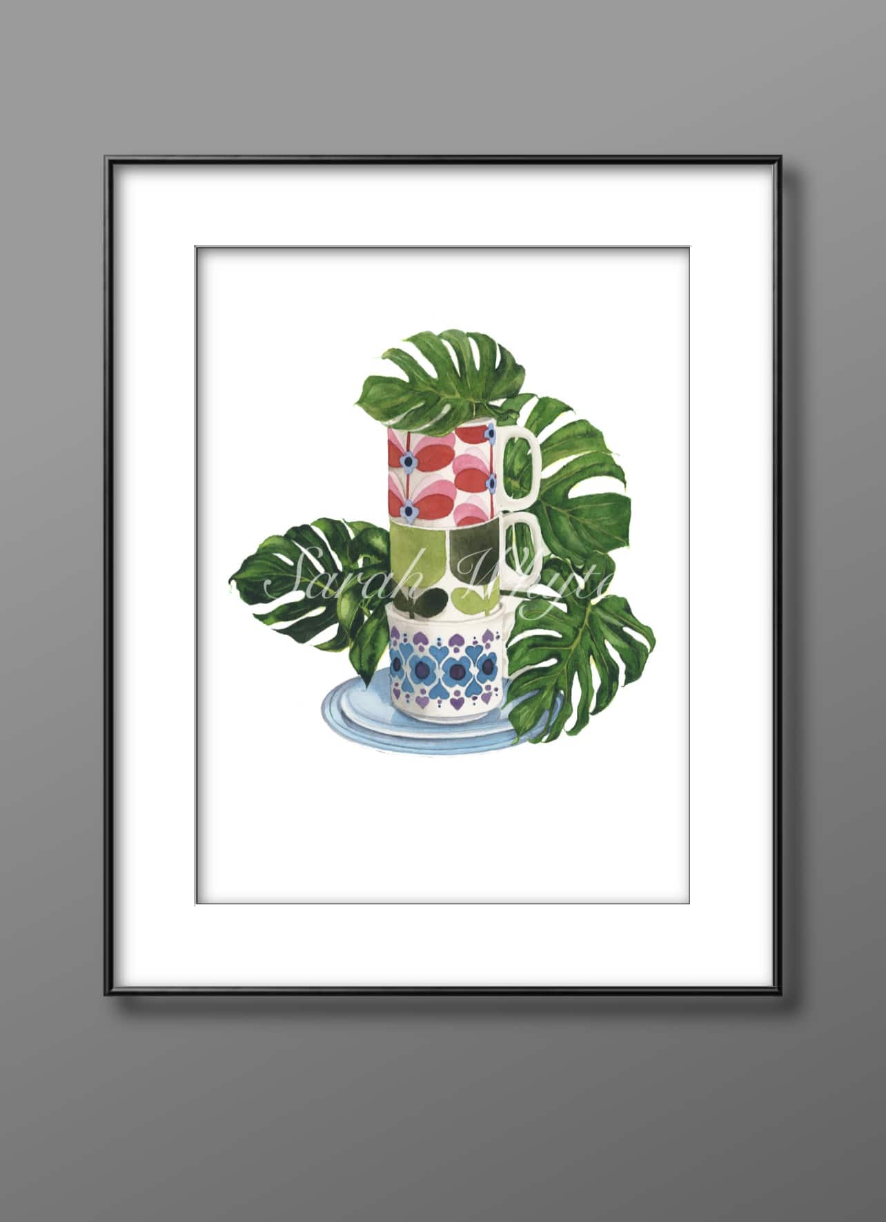 Mugs & Monstera Print - Watercolor Art by Sarah Whyte