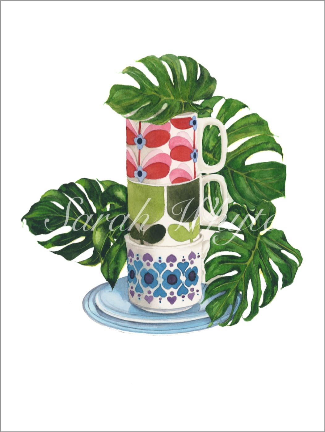Mugs & Monstera Print - Watercolor Art by Sarah Whyte