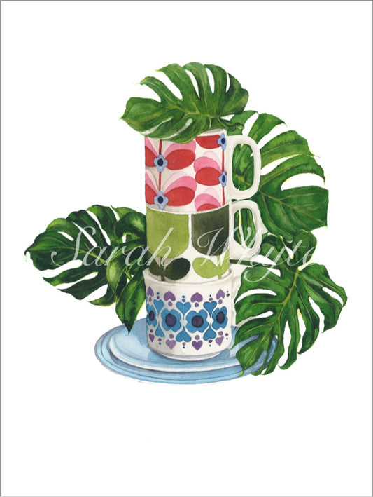 Mugs & Monstera Print - Watercolor Art by Sarah Whyte
