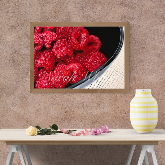 Raspberries in Black Bowl Print - Watercolor Art by Sarah Whyte