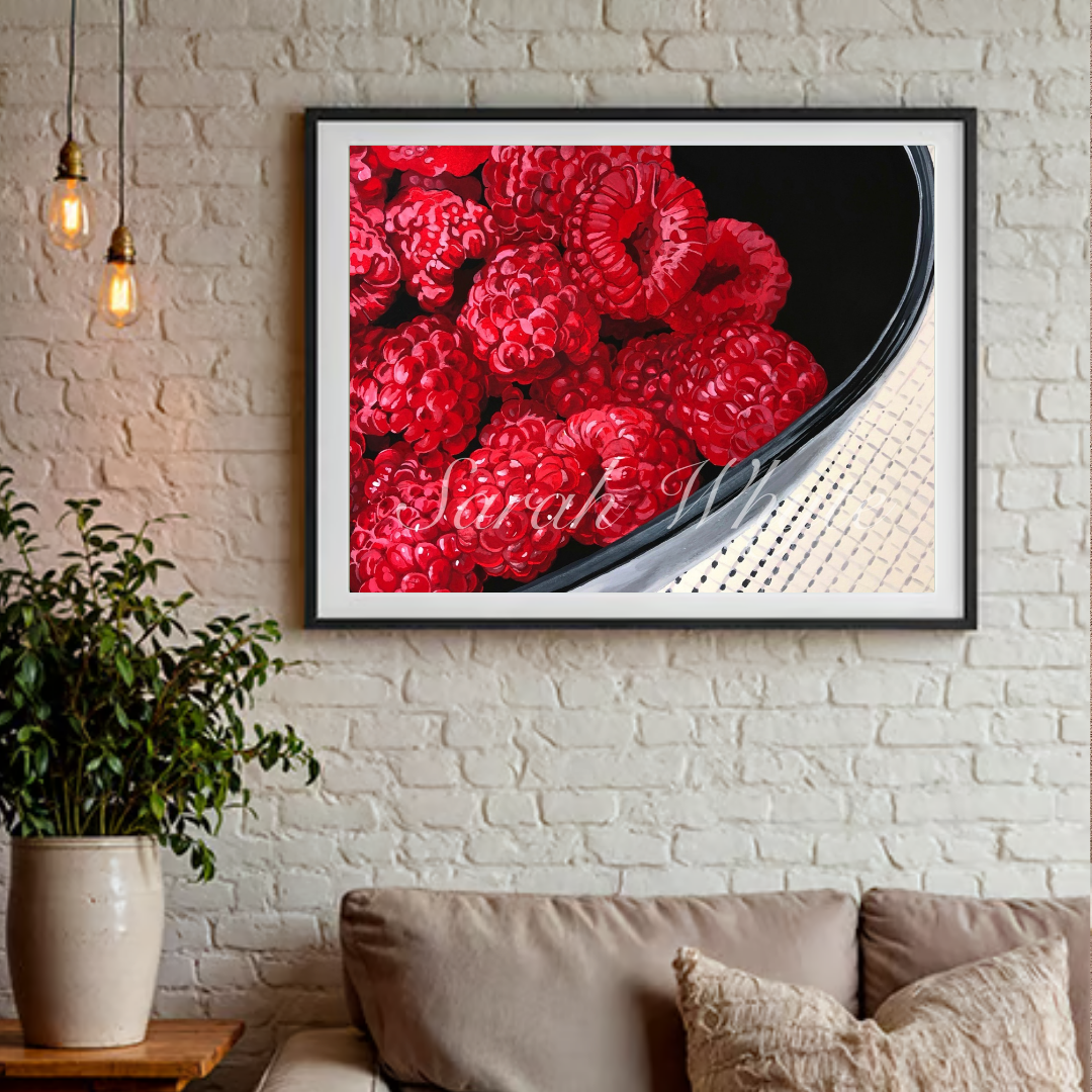 Raspberries in Black Bowl Print - Watercolor Art by Sarah Whyte