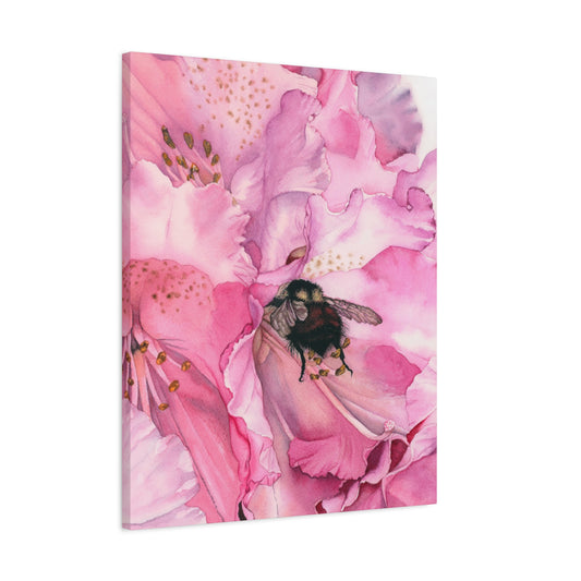 Floral Bee Canvas Wall Art - Pink Flower & Bumblebee Decor - Floral Watercolor Print