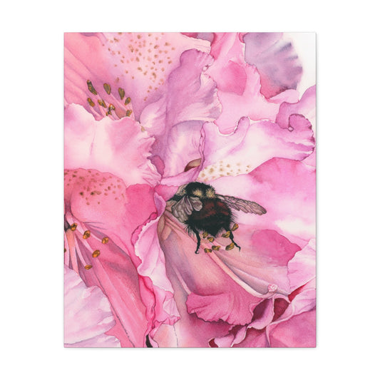 Floral Bee Canvas Wall Art - Pink Flower & Bumblebee Decor - Floral Watercolor Print