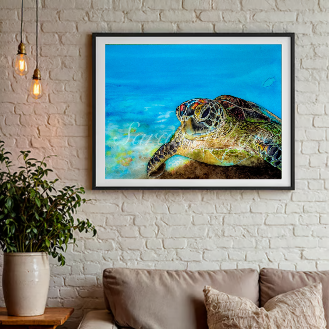 Green Sea Turtle Print - Wildlife Watercolor Print