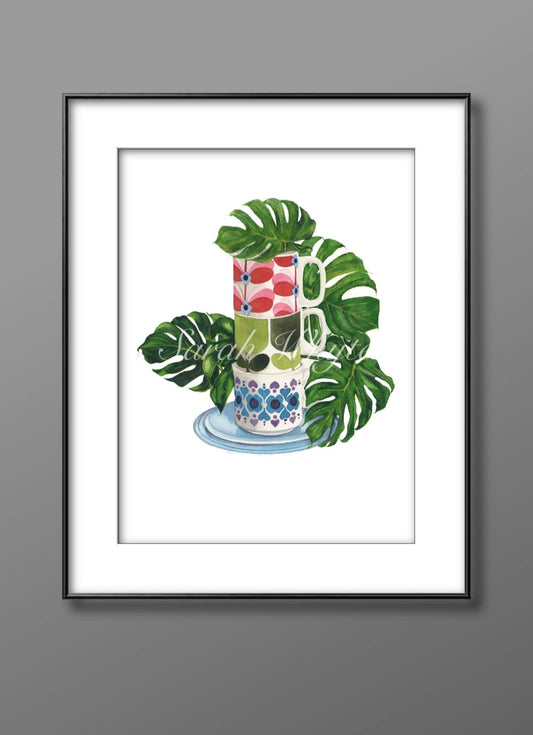 Mugs & Monstera Print - Watercolor Art by Sarah Whyte