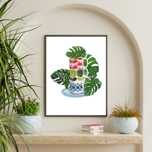 Mugs & Monstera Print - Watercolor Art by Sarah Whyte