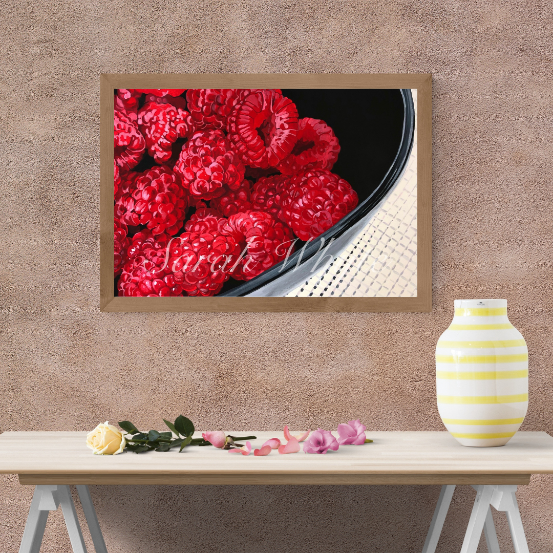 Raspberries in Black Bowl Print - Watercolor Art by Sarah Whyte