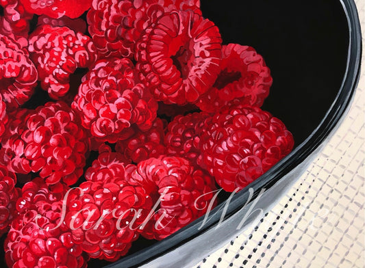 Raspberries in Black Bowl Print - Watercolor Art by Sarah Whyte